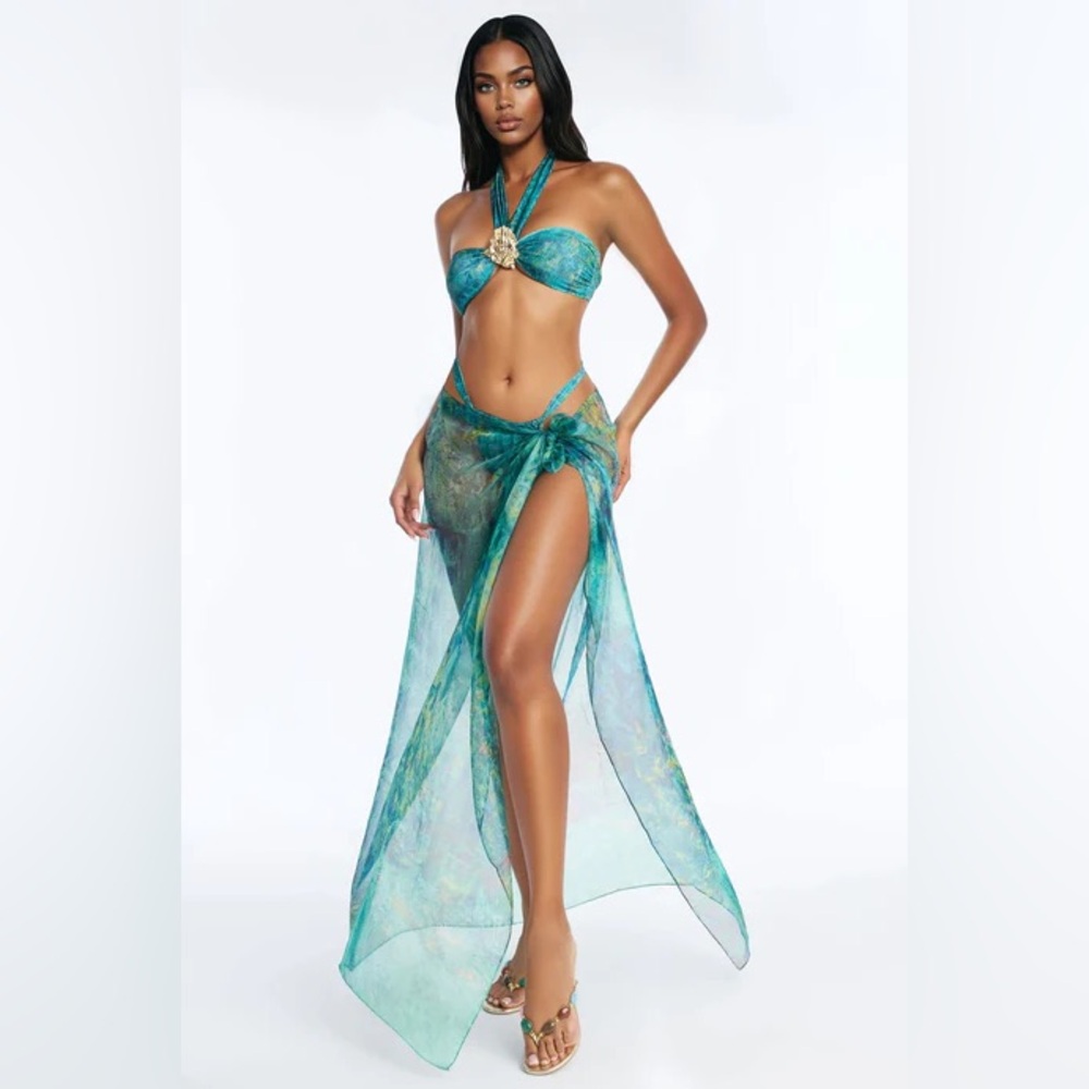 Mina Bandeau Halter Brooch Chiffon Sarong 3 Piece Bikini Set - Emerald